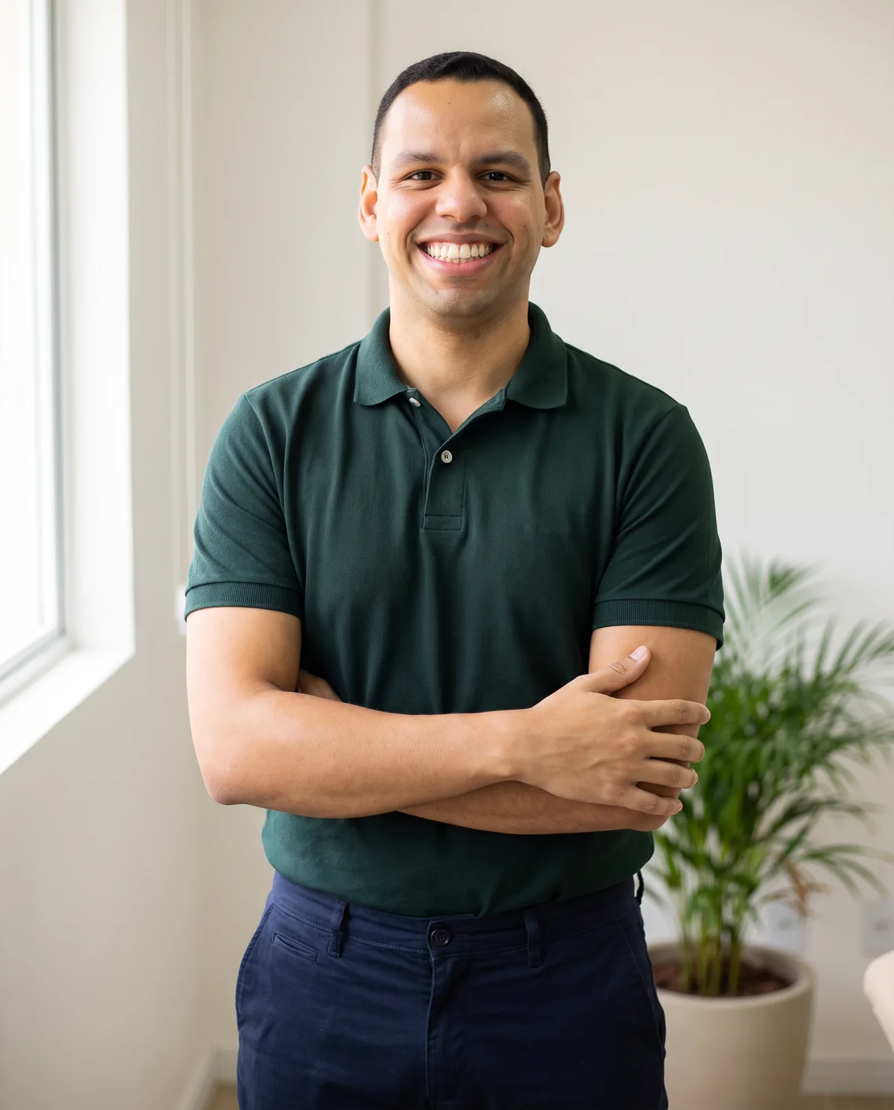 Retrato de Alexandre Teixeira, fisioterapeuta, de braços cruzados e sorrindo